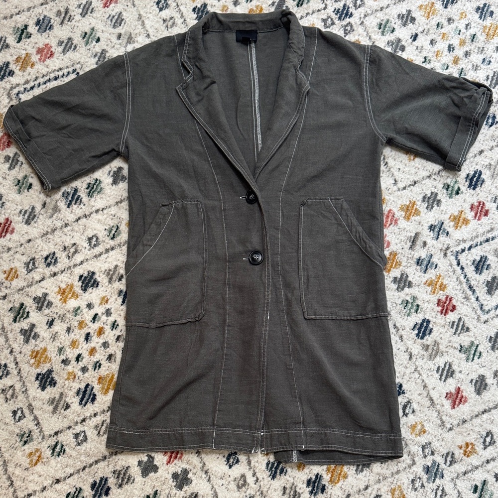 Lumiere Linen Blend Utility Blazer Olive Short Sleeve Chore Jacket Minimalist